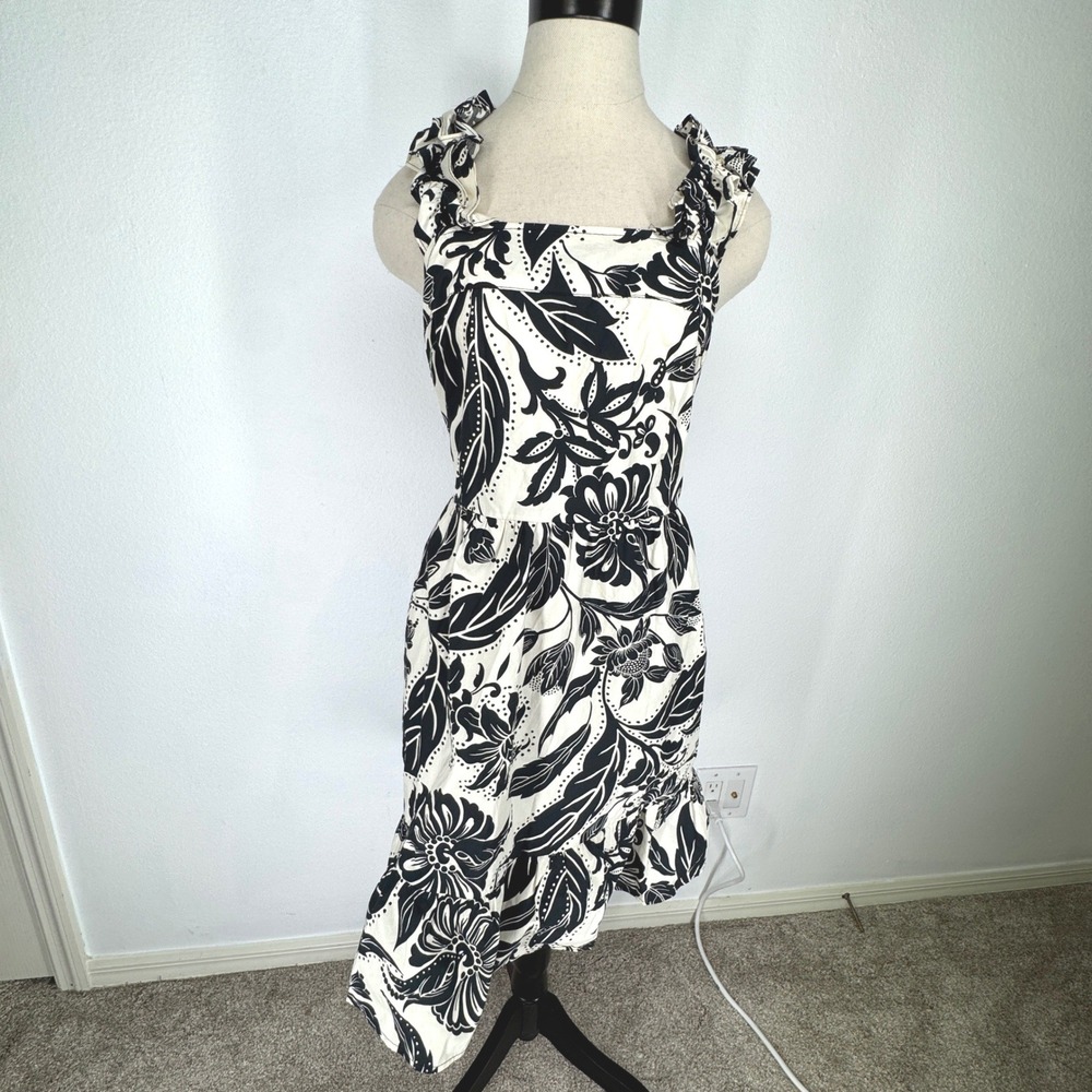 Who What Wear Floral Ruffle Strap Open Back Mini Dress Black‎ White Square Neck